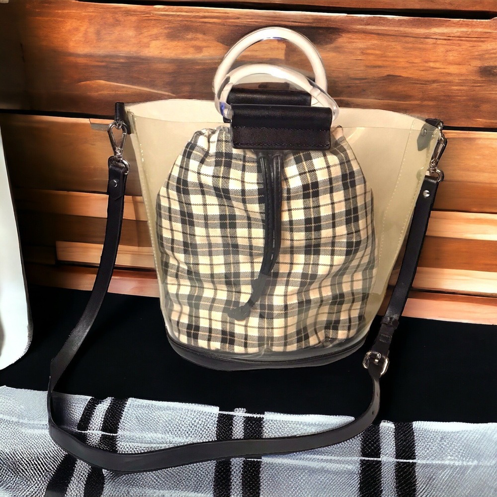 Zara Plaid Y2K Style Vinyl Shopper Bucket Bag w/Strap & Handle Vegan Leather